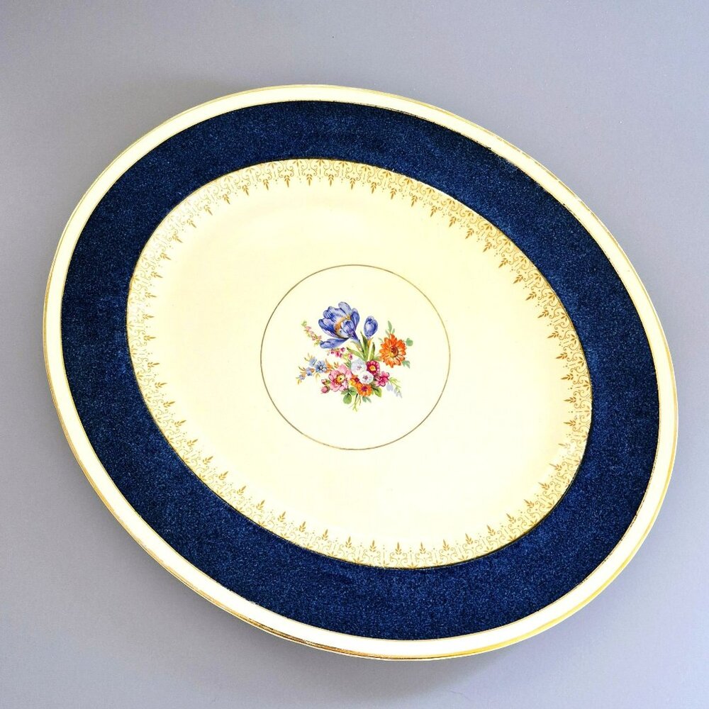 Vintage 1930s Burgess & Leigh Cobalt Blue and Cream Floral 15" Serving Platter